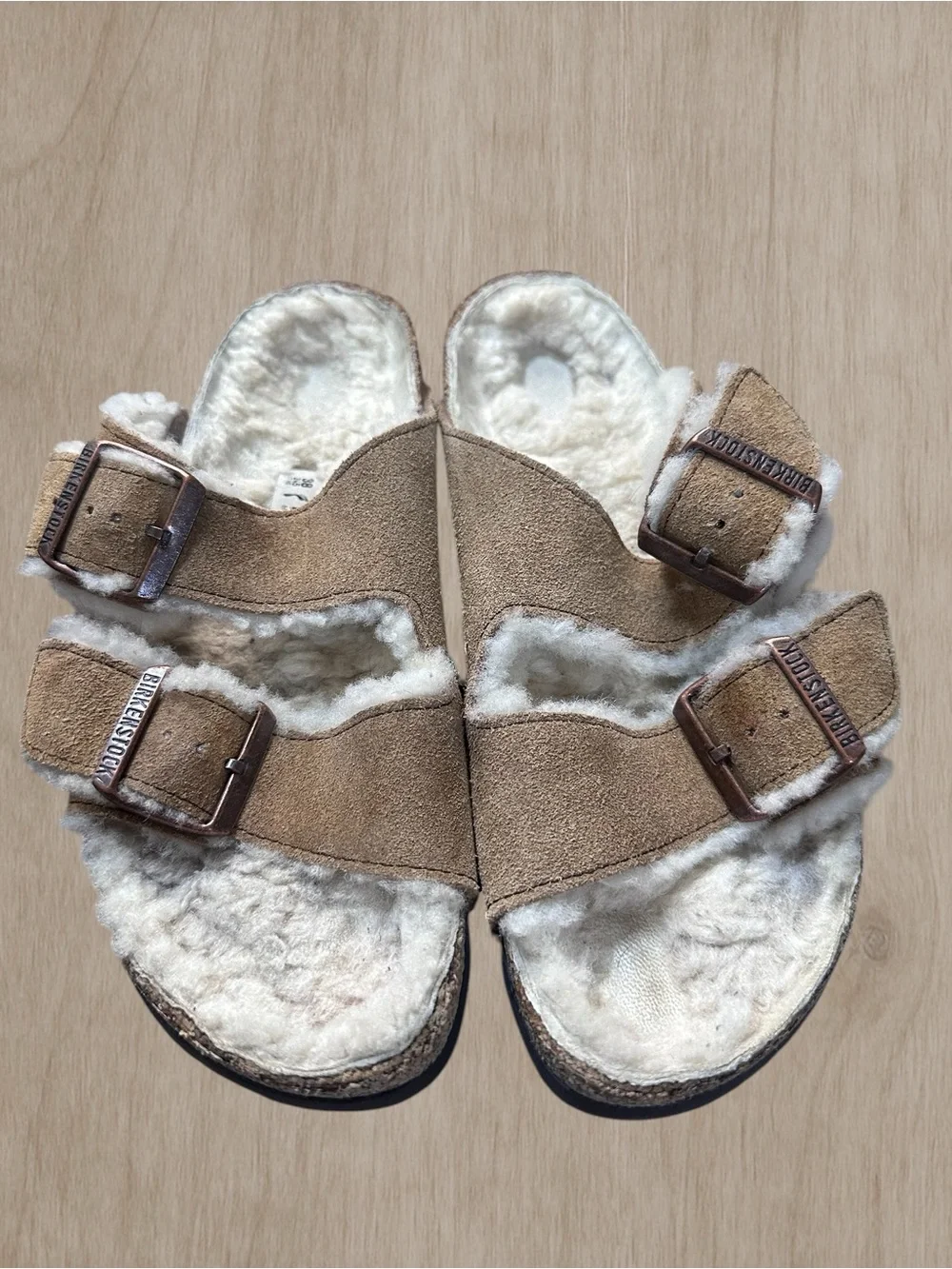 Birkenstock Shearling Suede Sandals in Taupe and Cream Size 7